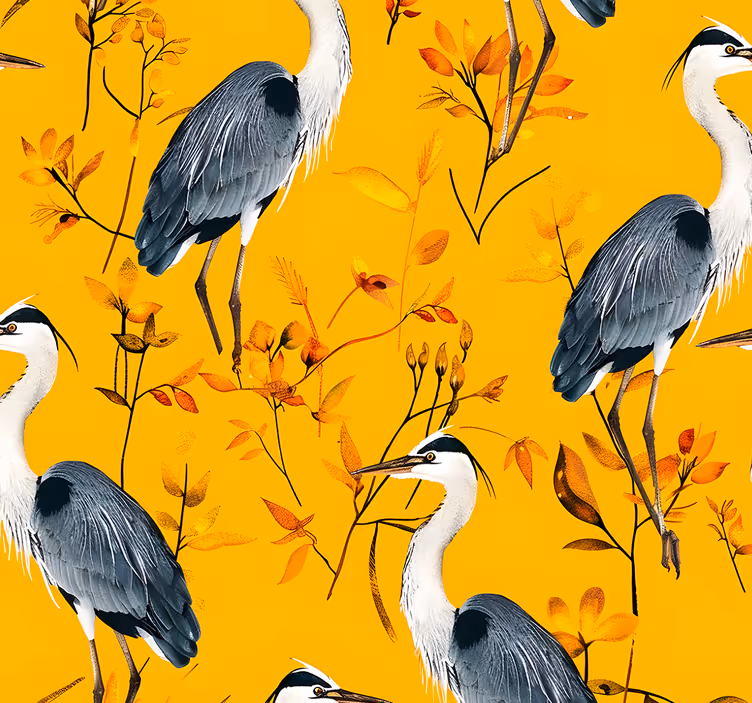 Papier peint jaune motif de hérons - TenStickers