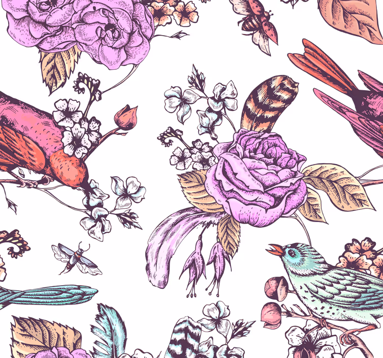 Papier peint fleuri motif d'oiseaux vintage - TenStickers