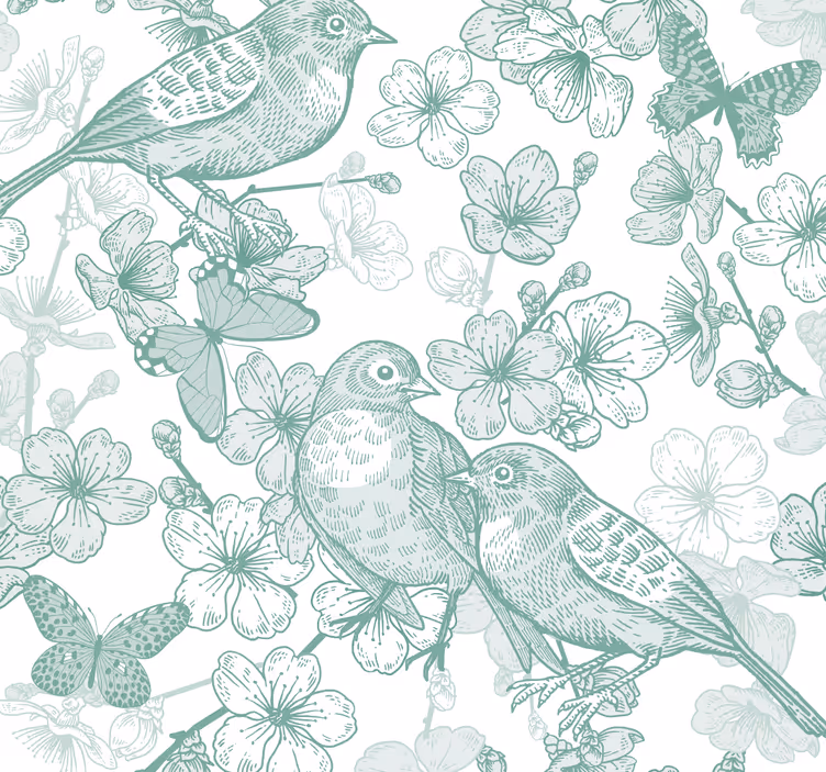 Papier peint oiseaux motif floral vert - TenStickers