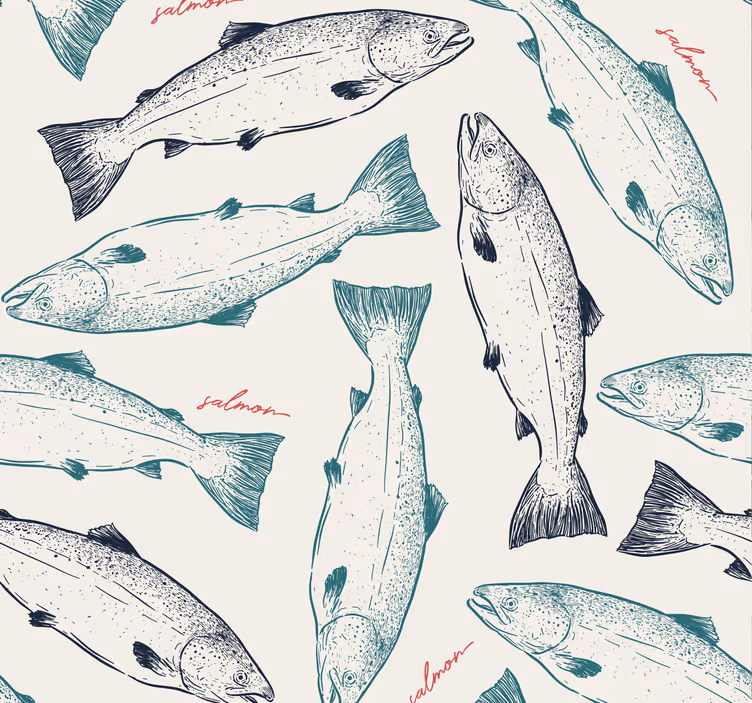 Papier peint cuisine saumons gris dessinés à la main - TenStickers