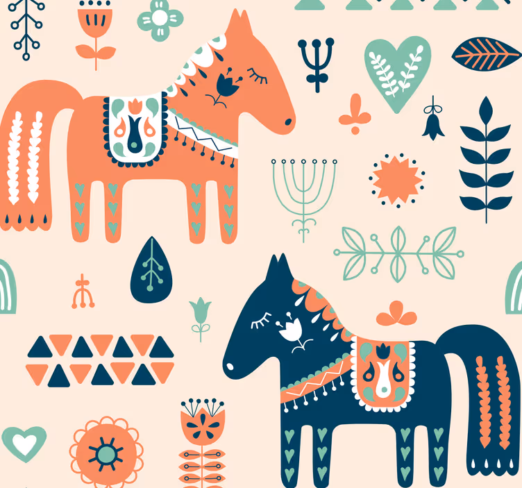 Papier peint motif chevaux feuilles nordiques - TenStickers