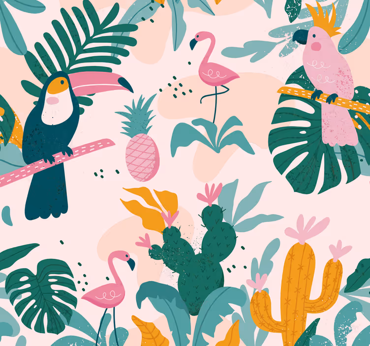 Papier peint chambre Oiseaux verts et feuilles sur fond rose - TenStickers