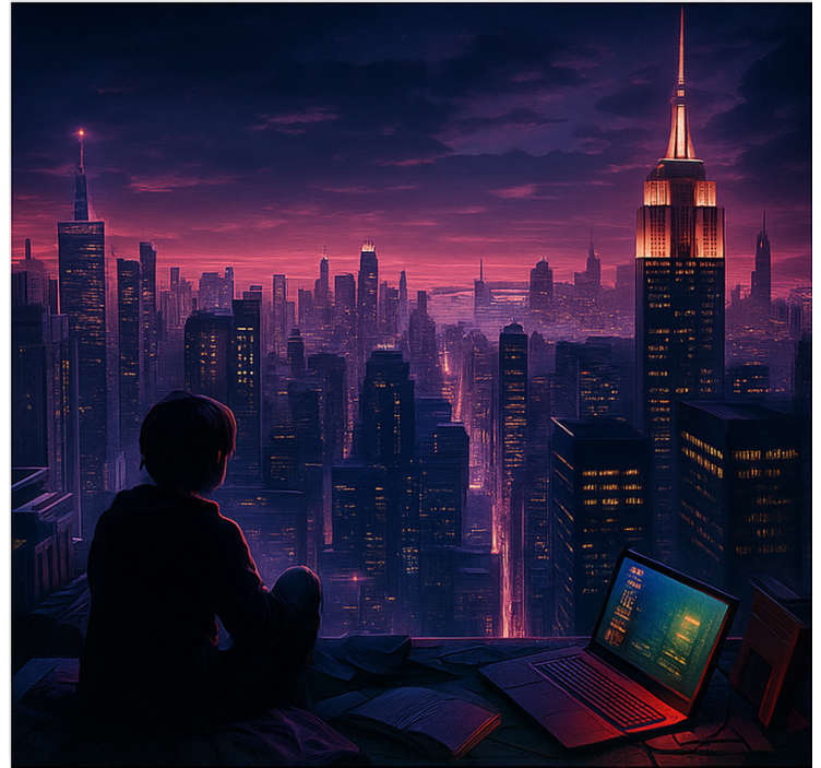 Store enrouleur gamer vue de jeu de gratte-ciel futuriste - TenStickers