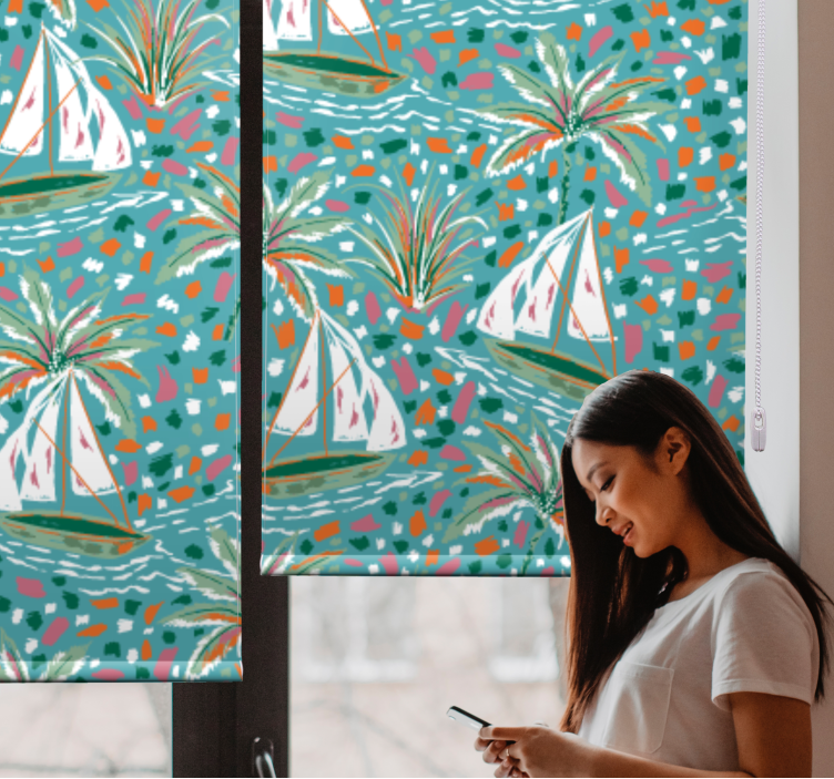 Store enrouleur fleur bateaux à voile et palmiers - TenStickers