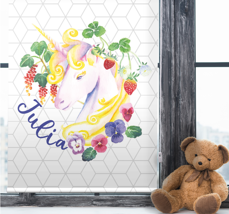 Store enrouleur chambre enfant licorne florale avec nom - TenStickers