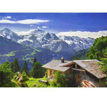 Store enrouleur salon montagnes enneigées et champ vert - TenStickers