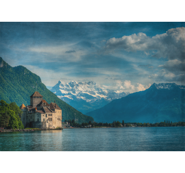 Store enrouleur salon château au lac et montagnes - TenStickers