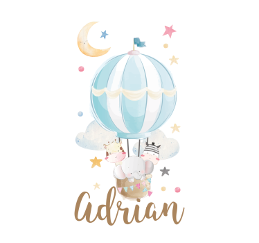 Stores Prénom 3 animaux dans un ballon avec étoiles et nuages - TenStickers