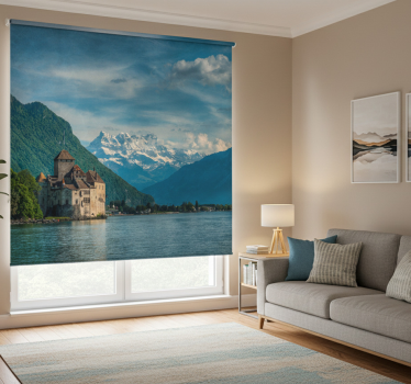 Store enrouleur salon château au lac et montagnes - TenStickers