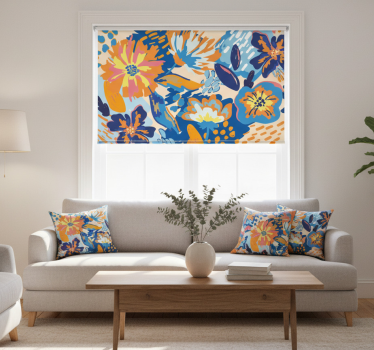 Store enrouleur salon feuilles bleues orange et bleues - TenStickers