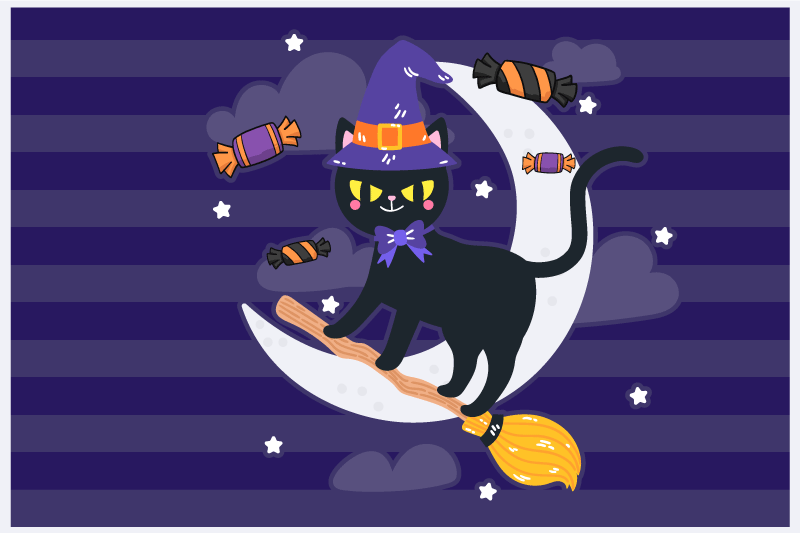 Set de table halloween chat sorcière sur balai - TenStickers