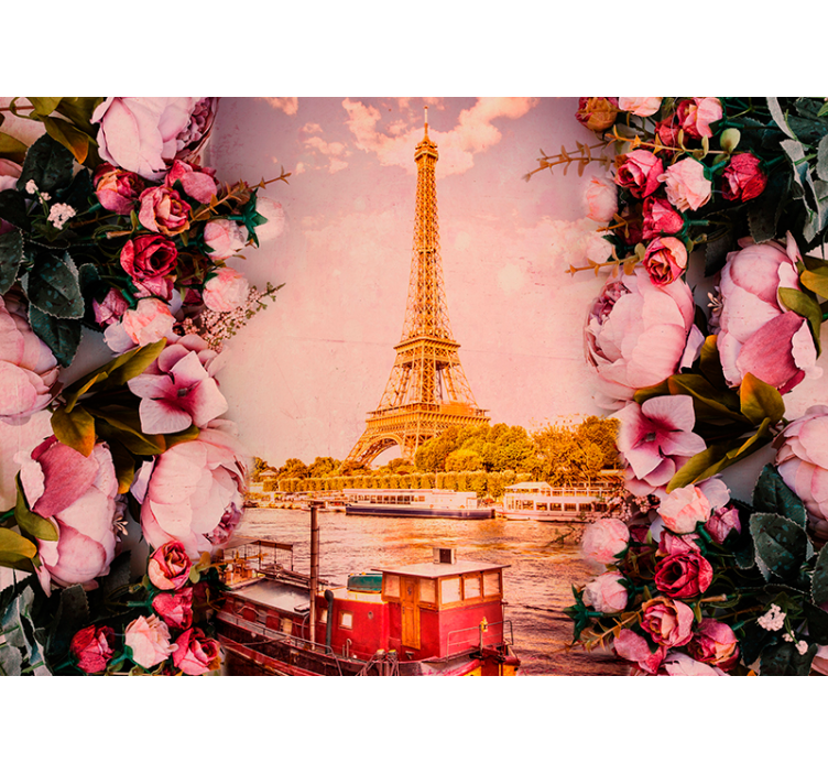 Tapisserie Paris fleuri rose et vert Tour Eiffel - TenStickers