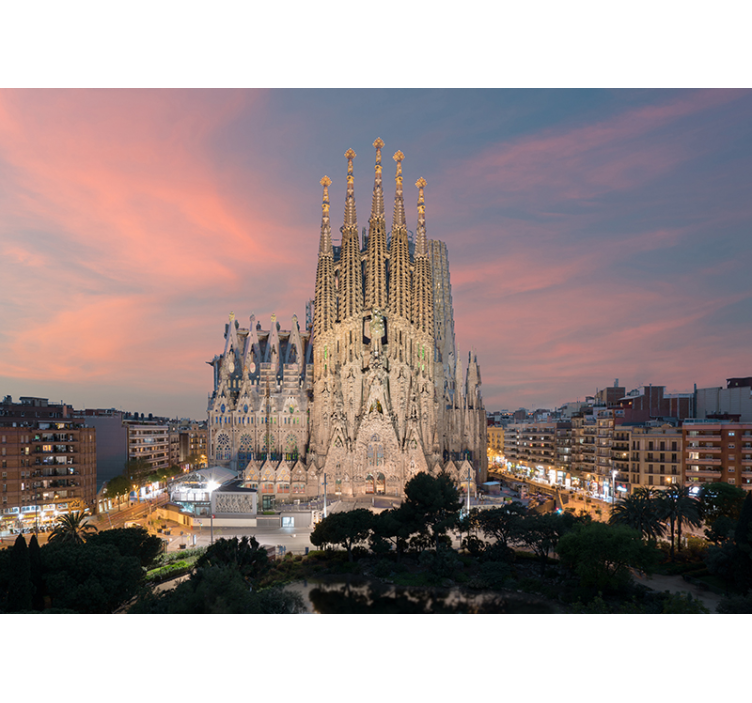 Tapisserie villes et pays Barcelone Sagrada Familia sunset - TenStickers
