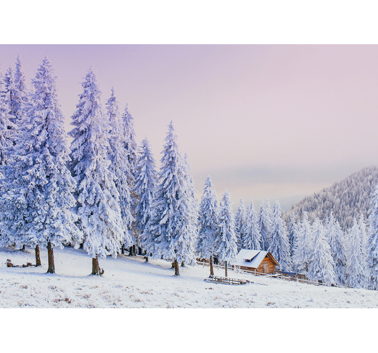 Tapisserie montagne retraite en forêt enneigée - TenStickers