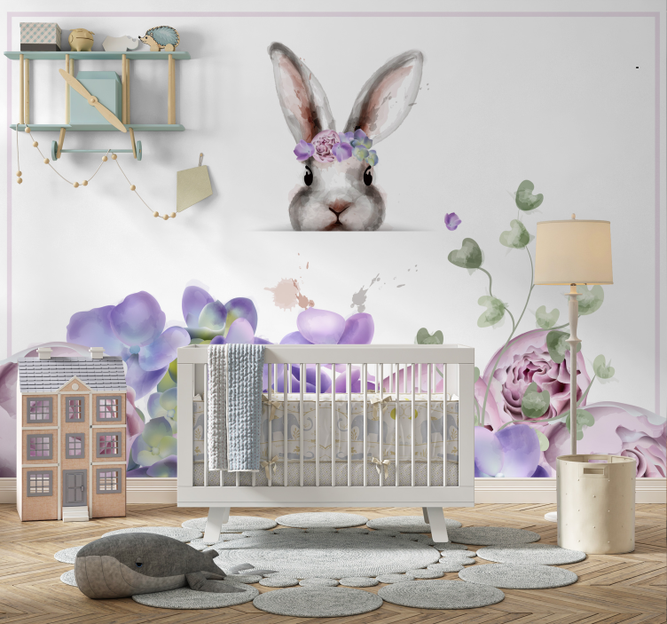 Papier peint mural d'animaux Lapin avec couronne de fleurs - TenStickers