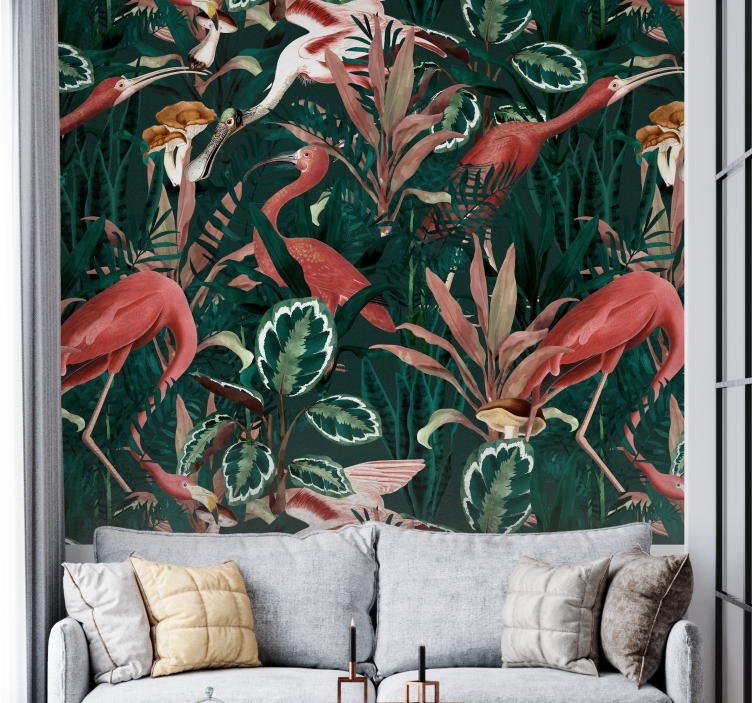 Tapisserie animaux flamants roses dans le feuillage - TenStickers