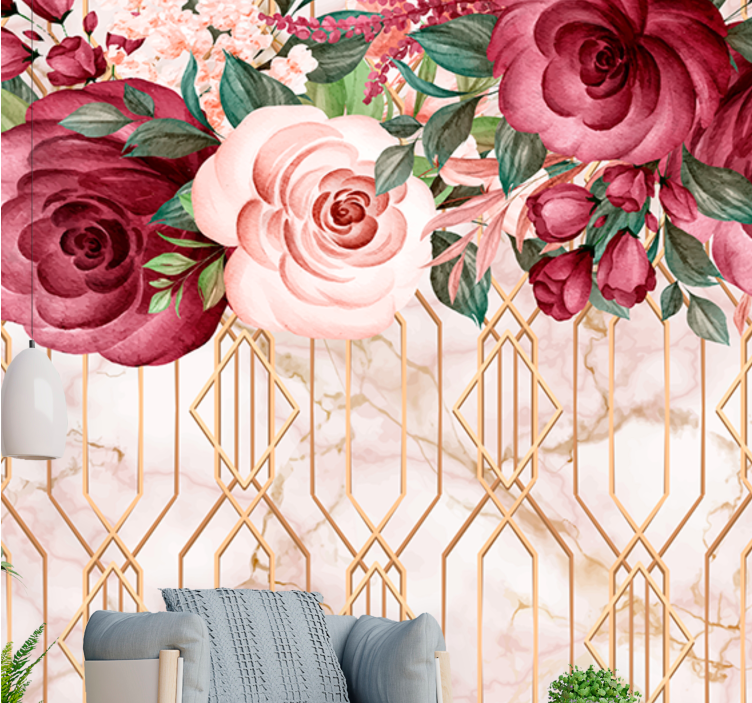 Tapisserie fleur fusion géométrique de roses - TenStickers