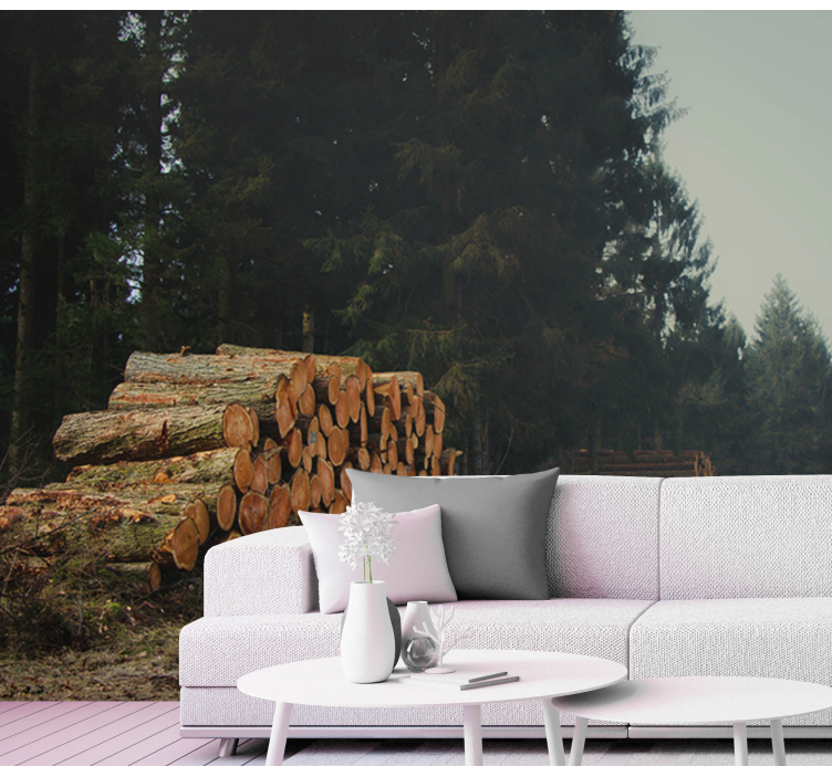 Tapisserie forêt bûches empilées dans la forêt - TenStickers