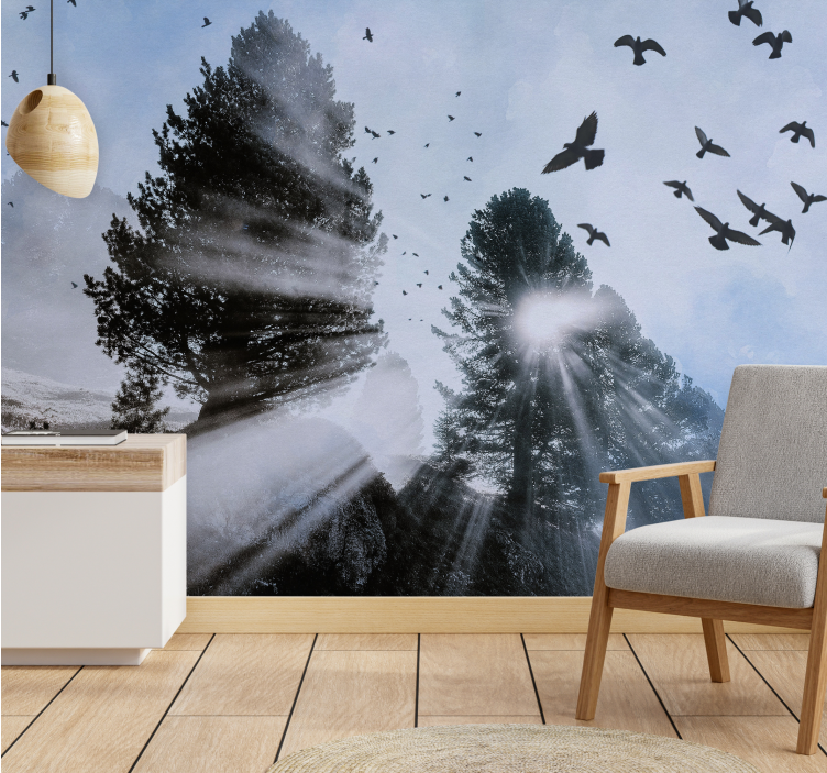 Tapisserie forêt rayons de soleil radieux avec des oiseaux - TenStickers