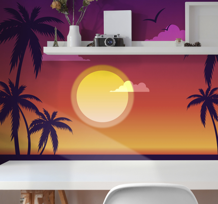 Tapisserie paysage silhouettes de coucher de soleil tropical - TenStickers