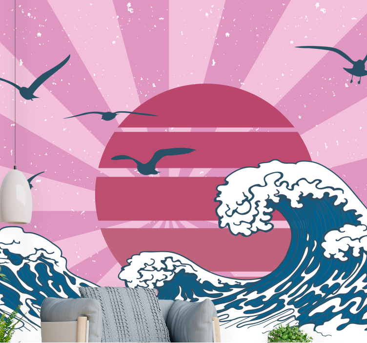 Tapisserie paysage vagues et coucher de soleil - TenStickers