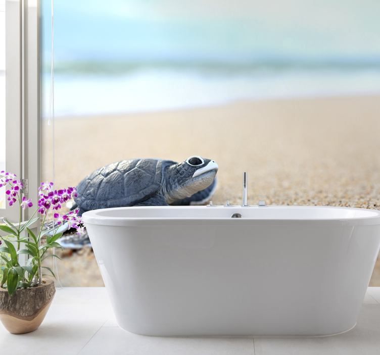Tapisserie salle de bain tortue au bord de la mer - TenStickers