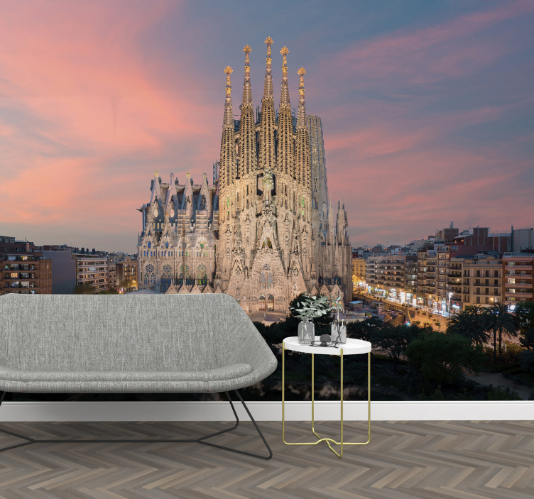 Tapisserie villes et pays Barcelone Sagrada Familia sunset - TenStickers