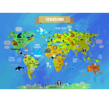 Tapisserie murale map monde avec des animaux - TenStickers