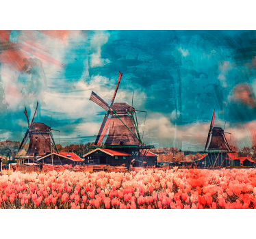 Tapisserie villes et pays champs de tulipes et moulins - TenStickers