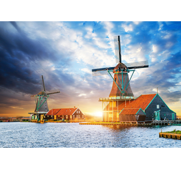 Tapisserie amsterdam coucher de soleil moulin à vent - TenStickers