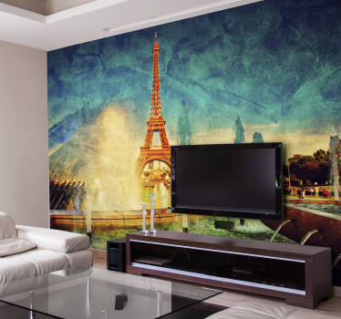 Fresque de la tour eiffel vue sur la ville - TenStickers