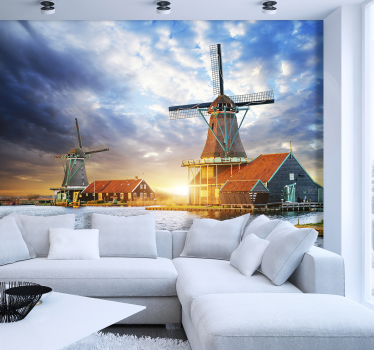 Tapisserie amsterdam coucher de soleil moulin à vent - TenStickers