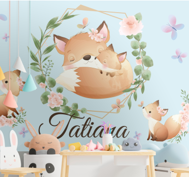 Tapisserie chambre enfant jolie famille de renards avec nom - TenStickers