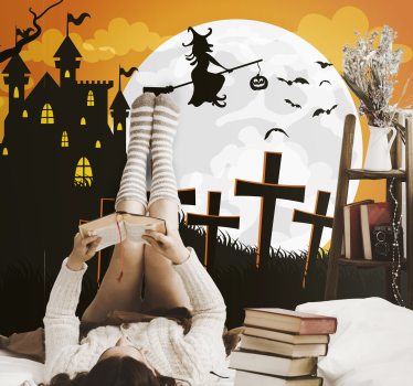 Tapisserie halloween silhouette de sorcière volante - TenStickers