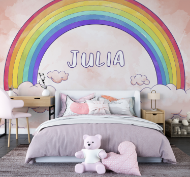 Tapisserie murale enfant arc-en-ciel nuageux personnalisable - TenStickers