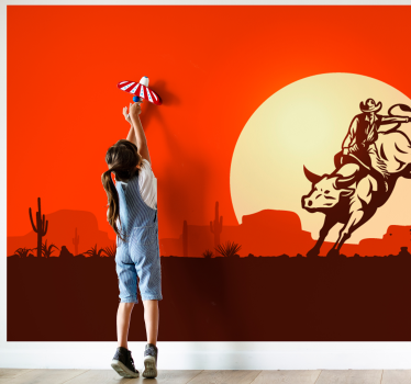 Tapisserie chambre enfant cowboy chevauchant un taureau - TenStickers