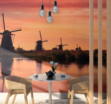 Tapisserie villes et pays Éoliennes au coucher du soleil - TenStickers