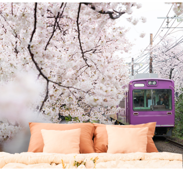 Tapisserie villes et pays train aux cerisiers en fleurs - TenStickers