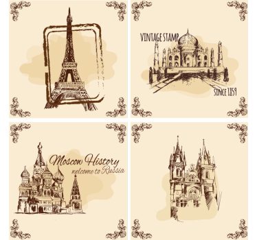Sous verre vintage illustrations de monuments historiques - TenStickers