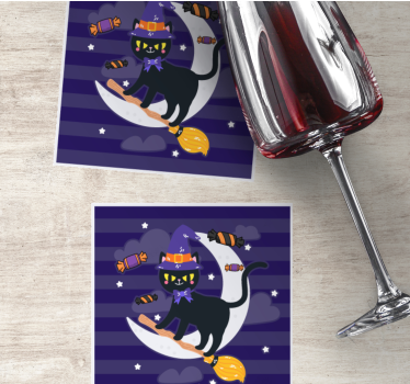 Sous verre halloween chat sorcière sur balai - TenStickers