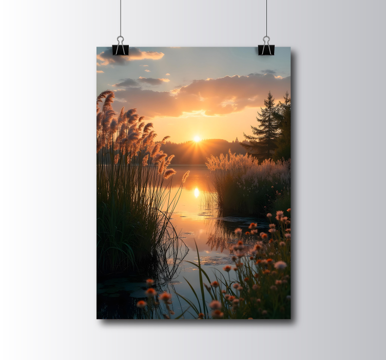 Poster photo réaliste coucher de soleil sur le lac - TenStickers
