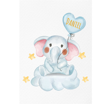 Poster chambre enfant joli éléphant avec ballon et prénom - TenStickers