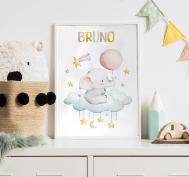 Poster chambre éléphant sur un nuage avec nom - TenStickers