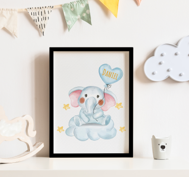 Poster chambre enfant joli éléphant avec ballon et prénom - TenStickers
