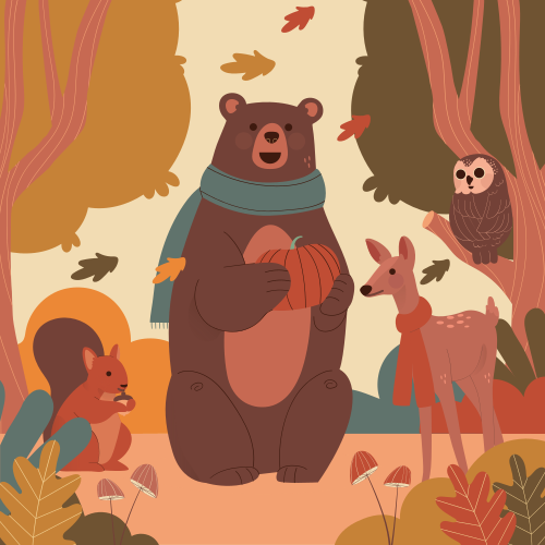 Poster chambre enfant animaux joyeux en forêt automnale - TenStickers