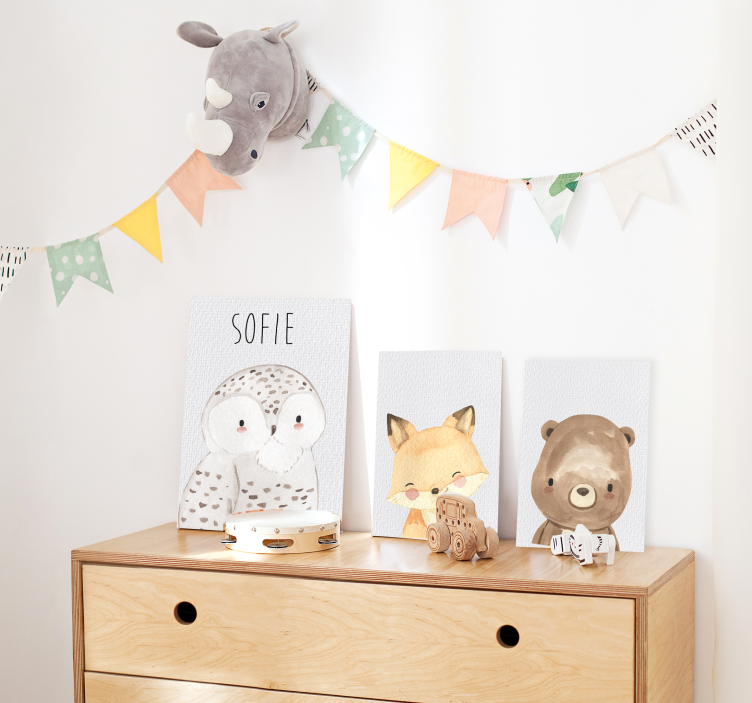 Tableau chambre enfant bébé renard souriant avec un nom - TenStickers