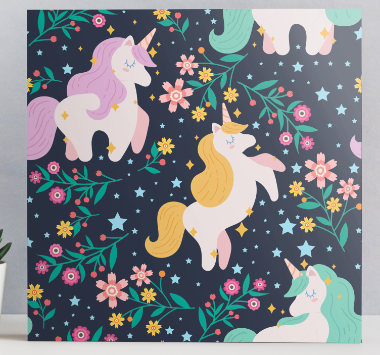 Tableau licorne Unicornios flores y estrellas - TenStickers