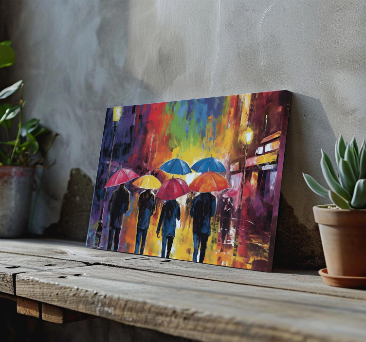 Tableau personnes parapluies colorées effet huile sur toile - TenStickers