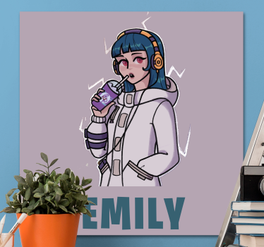 Tableau de personne fille avec écouteurs et nom - TenStickers
