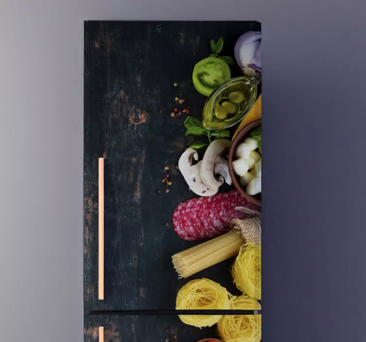 Sticker frigo imitation bois avec aliments - TenStickers